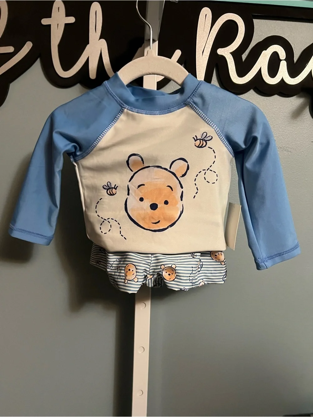 Disney Baby Pooh Bear Blue Long Sleeve and Swim Trunk Set NWT